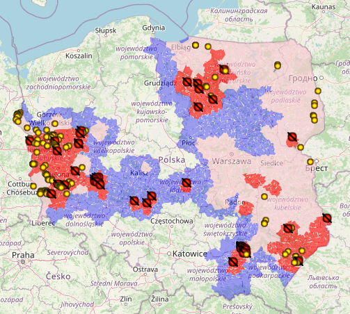 Mapa ognisk ASF na terenie Polski. Klikniecie w mapę otwiera jej aktualna, interaktywną wersję na stronie Głównego Lekarza Weterynarii